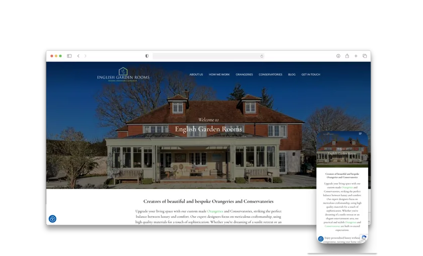English Garden Rooms website redesign mockup showing desktop and mobile views
